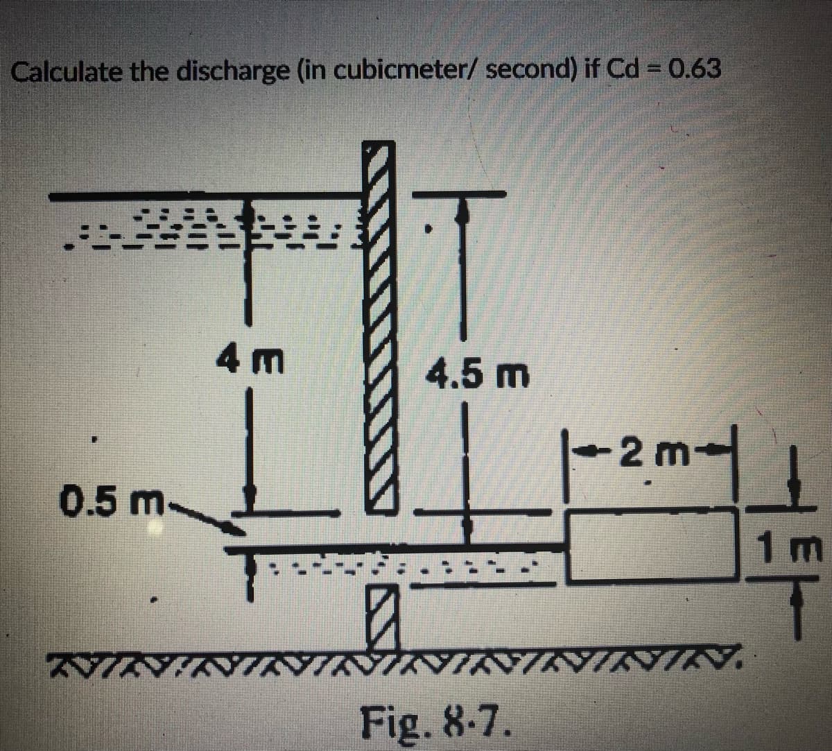 Calculate the discharge (in cubicmeter/ second) if Cd = 0.63
4 m
4.5 m
-2 m-
0.5 m.
Fig. 8-7.
