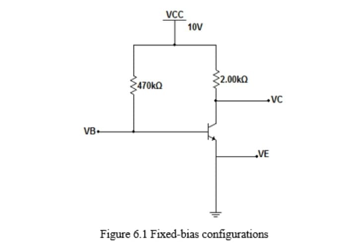 VCC
10V
22.00KQ
470KQ
VB-
„VE
Figure 6.1 Fixed-bias configurations
