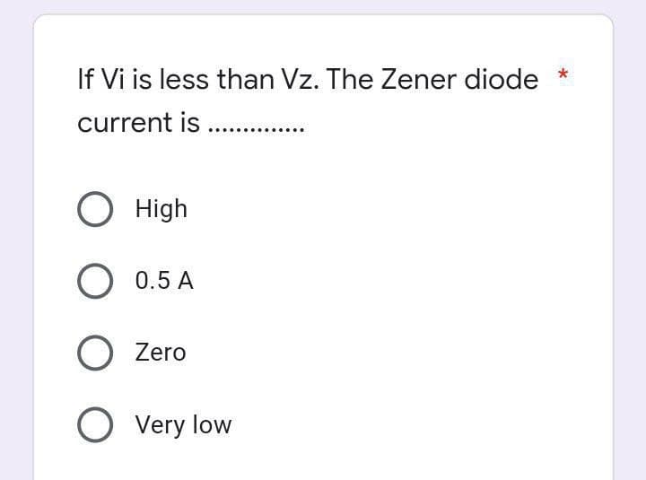 If Vi is less than Vz. The Zener diode
current is .........
O High
O 0.5 A
O Zero
O Very low
