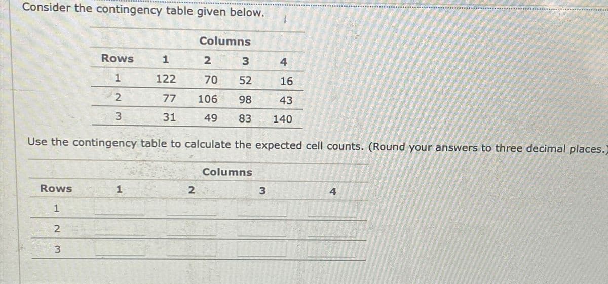 Consider the contingency table given below.
Columns
Rows
1
2
3
4
122
70
52
16
2
77
106
98
43
3
31
49 83
140
Use the contingency table to calculate the expected cell counts. (Round your answers to three decimal places.)
Columns
Rows
1
2
3
4
1
2
3