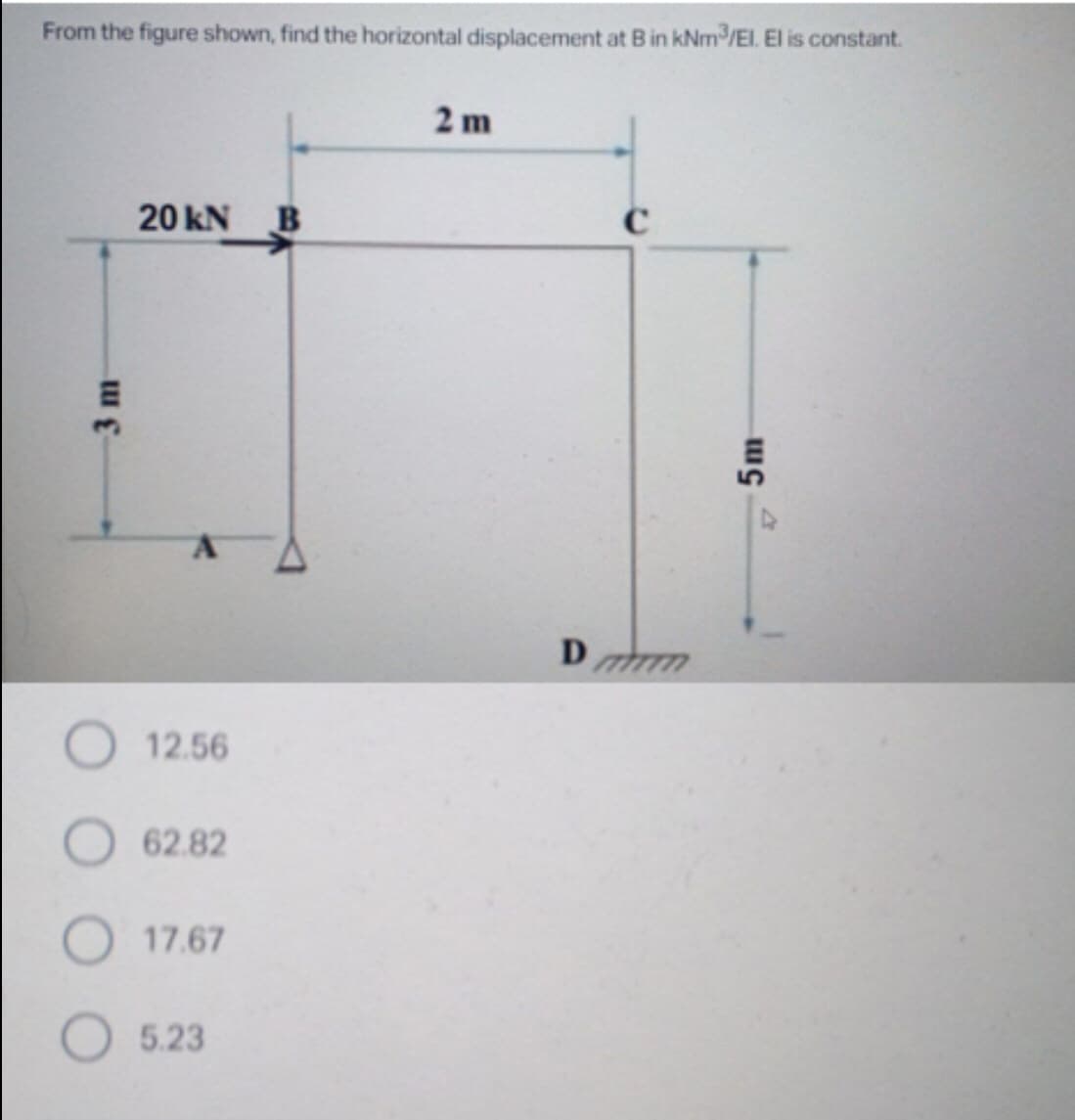 From the figure shown, find the horizontal displacement at B in kNm³/El. El is constant.
3 m
20 kN B
O 12.56
62.82
17.67
5.23
2m
C
Dmm
5m