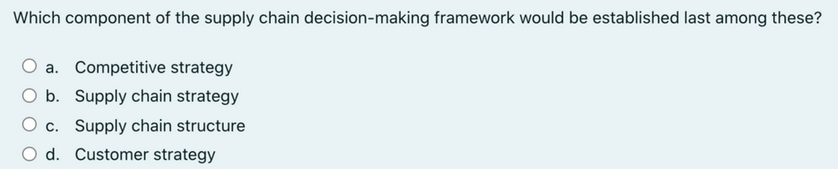 Which component of the supply chain decision-making framework would be established last among these?
O a. Competitive strategy
O b. Supply chain strategy
С.
O c. Supply chain structure
O d. Customer strategy
