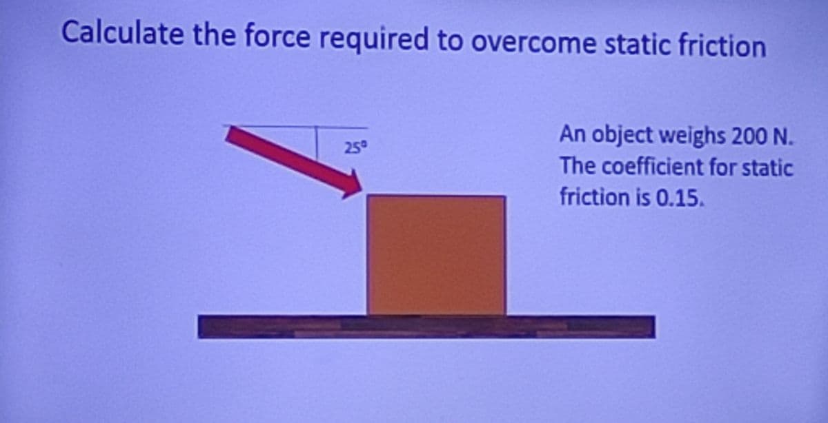 Calculate the force required to overcome static friction
25⁰
An object weighs 200 N.
The coefficient for static
friction is 0.15.