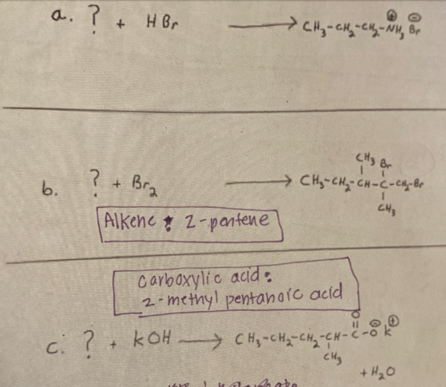 a. ? + HBr
CH3 Br
? + Bra
CHy-CHy-CH-c-cg-Br
6.
Alkene 2-pantene
carboxyli c acid :
2-methyl pentanoic acid
Il 0,0
c. ?+ kOH CH,-cH,-CH,-CH-C-o k
+ H20
