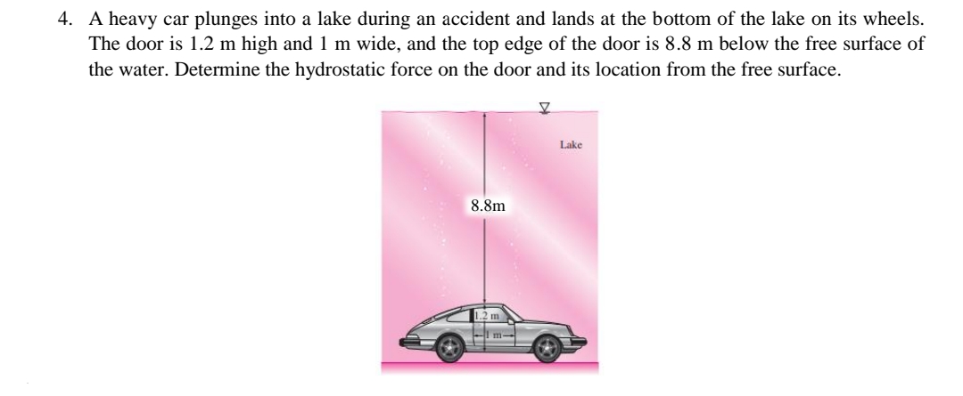 4. A heavy car plunges into a lake during an accident and lands at the bottom of the lake on its wheels.
The door is 1.2 m high and 1 m wide, and the top edge of the door is 8.8 m below the free surface of
the water. Determine the hydrostatic force on the door and its location from the free surface.
8.8m
Z
Lake