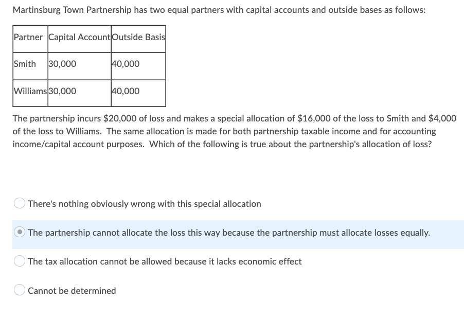 Martinsburg Town Partnership has two equal partners with capital accounts and outside bases as follows:
Partner Capital Account Outside Basis
Smith 30,000
40,000
Williams 30,000
40,000
The partnership incurs $20,000 of loss and makes a special allocation of $16,000 of the loss to Smith and $4,000
of the loss to Williams. The same allocation is made for both partnership taxable income and for accounting
income/capital account purposes. Which of the following is true about the partnership's allocation of loss?
There's nothing obviously wrong with this special allocation
The partnership cannot allocate the loss this way because the partnership must allocate losses equally.
The tax allocation cannot be allowed because it lacks economic effect
Cannot be determined