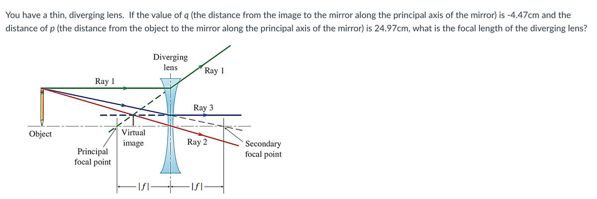 You have a thin, diverging lens. If the value of q (the distance from the image to the mirror along the principal axis of the mirror) is -4.47cm and the
distance of p (the distance from the object to the mirror along the principal axis of the mirror) is 24.97cm, what is the focal length of the diverging lens?
Object
Ray 1
Principal
focal point
Virtual
image
|f|
Diverging
lens
Ray 1
Ray 3
Ray 2
·\ƒ\·
Secondary
focal point