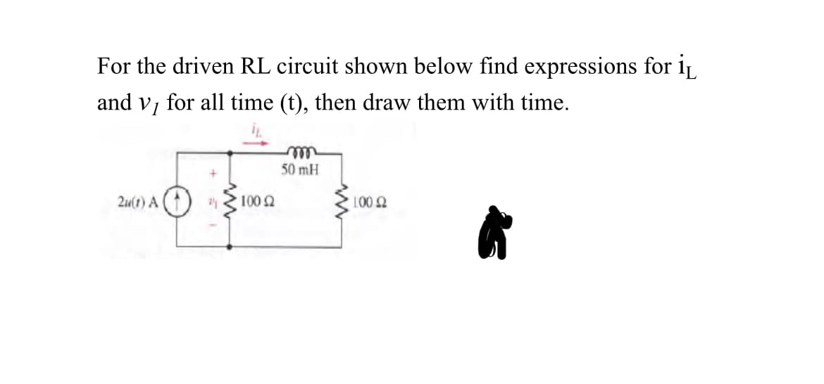 For the driven RL circuit shown below find expressions for iL
and vi
for all time (t), then draw them with time.
ell
50 mH
2u(t) A
100 2

