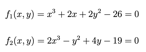 f1(x, y) = x³ + 2x + 2y² − 26 = 0
f₂(x, y) = 2x³ — y² + 4y − 19 = 0