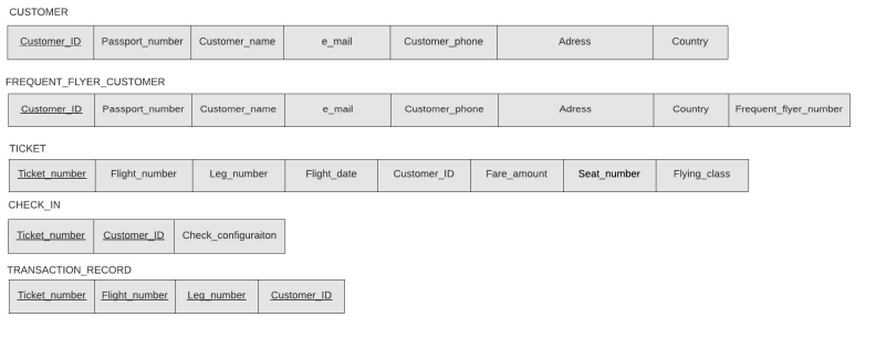 CUSTOMER
Customer ID
Passport_number
Customer_name
e_mail
Customer phone
Adress
Country
FREQUENT_FLYER_CUSTOMER
Customer ID
Passport_number
Customer_name
e_mail
Customer_phone
Adress
Country
Frequent_flyer_number
TICKET
Ticket number
Flight_number
Leg_number
Flight date
Customer_ID
Fare_amount
Seat_number
Flying_class
CHECK_IN
Ticket number
Customer_ID
Check_configuraiton
TRANSACTION_RECORD
Ticket number
Flight number
Leg number
Customer ID
