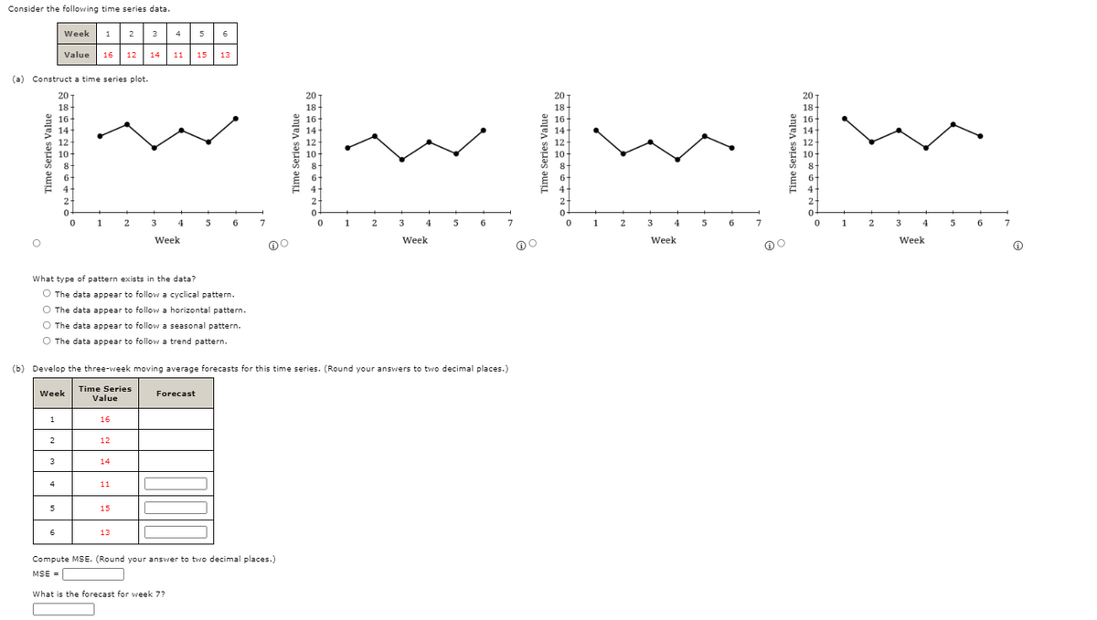 Consider the following time series data.
Week 1 2 3
5
6
4
Value 16 12
14
11
15
13
(a) Construct a time series plot.
20
20
20
20
18-
18
18
18
16+
14
16-
16
16
14
14
14
12
12
12
12
10-
10
10
10
8.
8-
8
8
6.
4-
4
4
2
2
1
3
4
5
7
1
3
4
6
7
1
3 4
6
7
1
3
4
6
7
Week
Week
Week
Week
What type of pattern exists in the data?
O The data appear to follow a cyclical pattern.
The data appear to follow a horizontal pattern.
O The data appear to follow a seasonal pattern.
O The data appear to follow a trend pattern.
(b) Develop the three-week moving average forecasts for this time series. (Round your to two decimal places.)
ansvers
Time Series
Week
Forecast
Value
1
16
2
12
14
4
11
15
6
13
Compute MSE. (Round your answer to two decimal places.)
MSE =
What is the forecast for week 7?
Time Series Value
