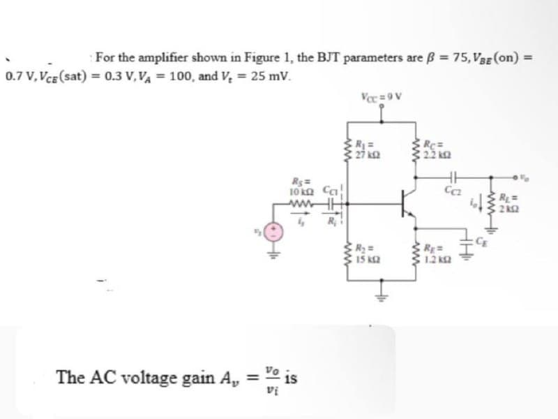 For the amplifier shown in Figure 1, the BJT parameters are B = 75, VBE (on) =
%3D
0.7 V, VCE (sat) = 0.3 V,VA = 100, and V = 25 mV.
Vec=9 V
27 k2
: 22 k2
Rs =
10 kn Ca
wwwHH
R
2 kQ
15 k2
RE=
:12 k2
The AC voltage gain A,
vo is
vị
