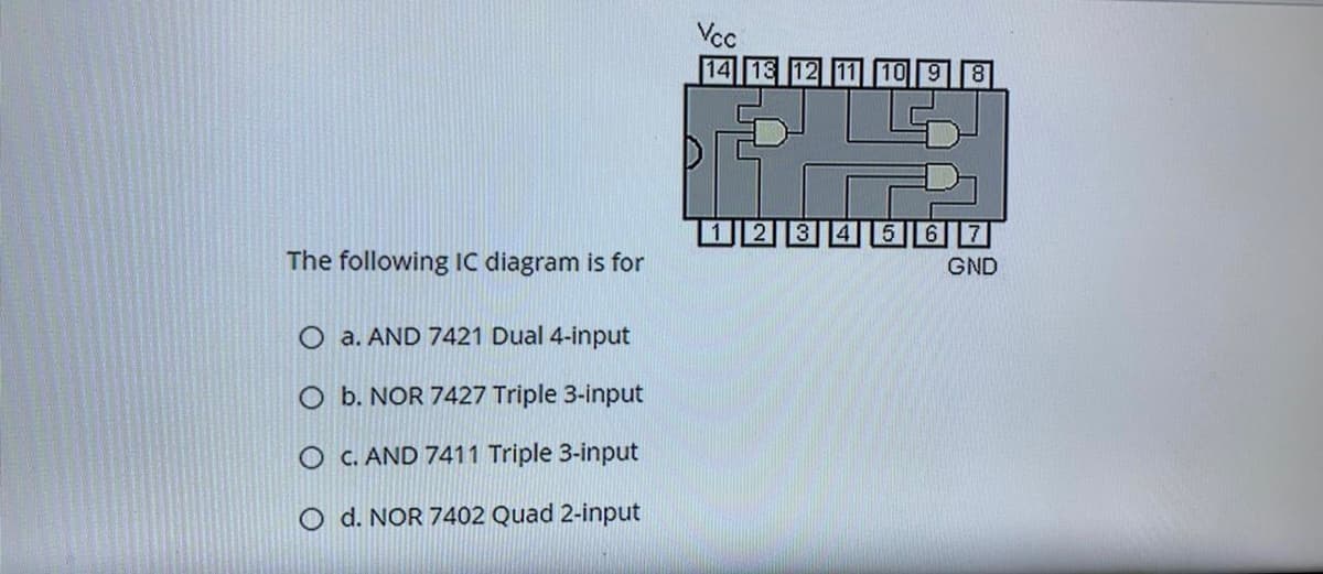 Vcc
14 13 12
12 34 5|67
The following Ic diagram is for
GND
O a. AND 7421 Dual 4-input
O b. NOR 7427 Triple 3-input
O C. AND 7411 Triple 3-input
O d. NOR 7402 Quad 2-input

