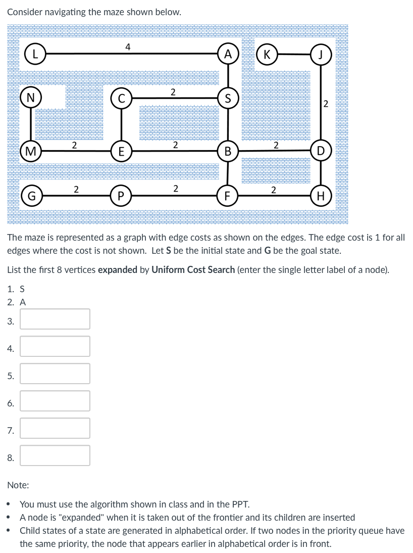 Consider navigating the maze shown below.
1. S
2. A
3.
4.
5.
6.
M
7.
8.
E
4
P
2
2
The maze is represented as a graph with edge costs as shown on the edges. The edge cost is 1 for all
edges where the cost is not shown. Let S be the initial state and G be the goal state.
List the first 8 vertices expanded by Uniform Cost Search (enter the single letter label of a node).
2
A
B
K
2
H
Note:
You must use the algorithm shown in class and in the PPT.
A node is "expanded" when it is taken out of the frontier and its children are inserted
Child states of a state are generated in alphabetical order. If two nodes in the priority queue have
the same priority, the node that appears earlier in alphabetical order is in front.