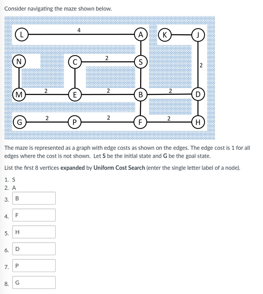 Consider navigating the maze shown below.
3.
4.
(z)
1. S
2. A
5.
N
L
M
G
B
F
H
6. D
7. P
2
8. G
2
4
C
E
P
2
2
2
A
S
The maze is represented as a graph with edge costs as shown on the edges. The edge cost is 1 for all
edges where the cost is not shown. Let S be the initial state and G be the goal state.
List the first 8 vertices expanded by Uniform Cost Search (enter the single letter label of a node).
B
FL
K
2
2
J
2
D
H