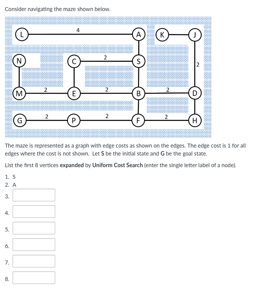 Consider navigating the maze shown below.
4.
1. S
2. A
3.
5.
6.
7.
L
N
8.
M
2
2
4
C
E
2
P
2
2
A
G
The maze is represented as a graph with edge costs as shown on the edges. The edge cost is 1 for all
edges where the cost is not shown. Let S be the initial state and G be the goal state.
List the first 8 vertices expanded by Uniform Cost Search (enter the single letter label of a node).
S
B
K
FL
2
J
2
2
D
H