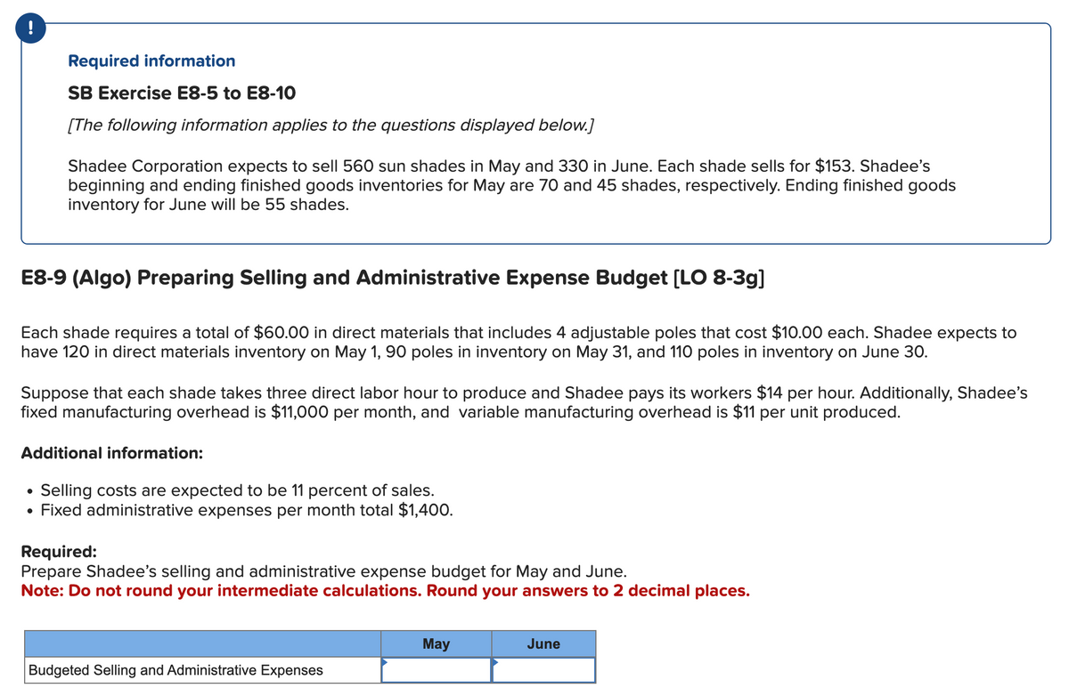 !
Required information
SB Exercise E8-5 to E8-10
[The following information applies to the questions displayed below.]
Shadee Corporation expects to sell 560 sun shades in May and 330 in June. Each shade sells for $153. Shadee's
beginning and ending finished goods inventories for May are 70 and 45 shades, respectively. Ending finished goods
inventory for June will be 55 shades.
E8-9 (Algo) Preparing Selling and Administrative Expense Budget [LO 8-3g]
Each shade requires a total of $60.00 in direct materials that includes 4 adjustable poles that cost $10.00 each. Shadee expects to
have 120 in direct materials inventory on May 1, 90 poles in inventory on May 31, and 110 poles in inventory on June 30.
Suppose that each shade takes three direct labor hour to produce and Shadee pays its workers $14 per hour. Additionally, Shadee's
fixed manufacturing overhead is $11,000 per month, and variable manufacturing overhead is $11 per unit produced.
●
Additional information:
Selling costs are expected to be 11 percent of sales.
Fixed administrative expenses per month total $1,400.
Required:
Prepare Shadee's selling and administrative expense budget for May and June.
Note: Do not round your intermediate calculations. Round your answers to 2 decimal places.
Budgeted Selling and Administrative Expenses
May
June