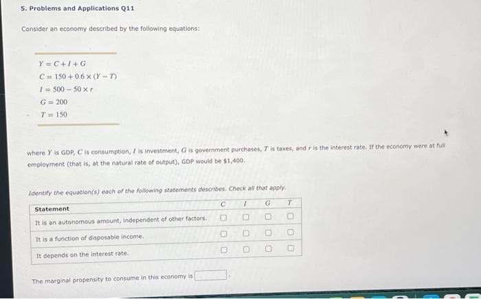 5. Problems and Applications Q11
Consider an economy described by the following equations:
Y=C+I+G
C= 150+0.6 x (Y-T)
1=500-50 xr
G=200
T= 150
where Y is GDP, C is consumption, I is investment, G is government purchases, T is taxes, and r is the interest rate. If the economy were at full
employment (that is, at the natural rate of output), GDP would be $1,400.
Identify the equation(s) each of the following statements describes. Check all that apply.
Statement
It is an autonomous amount, independent of other factors.
It is a function of disposable income.
It depends on the interest rate.
The marginal propensity to consume in this economy is
C
D
0
0
1
O
G
O
T
O
0
0