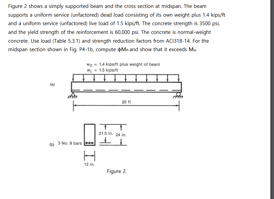 Figure 2 shows a simply supported beam and the cross section at midspan. The beam
supports a uniform service (unfactored) dead load consisting of its own weight plus 1.4 kips/ft
and a uniform service (unfactored) live load of 1.5 kips/ft. The concrete strength is 3500 psi,
and the yield strength of the reinforcement is 60,000 psi. The concrete is normal-weight
concrete. Use load (Table 5.3.1) and strength reduction factors from AC1318-14. For the
midspan section shown in Fig. P4-1b, compute Mn and show that it exceeds Mu.
@
(b) 3 No. 9 bars
WD = 1.4 kips/ft plus weight of beam
1.5 kips/ft
WL
H
12 in.
20 ft
TT
21.5 in. 24 in.
+
Figure 2.