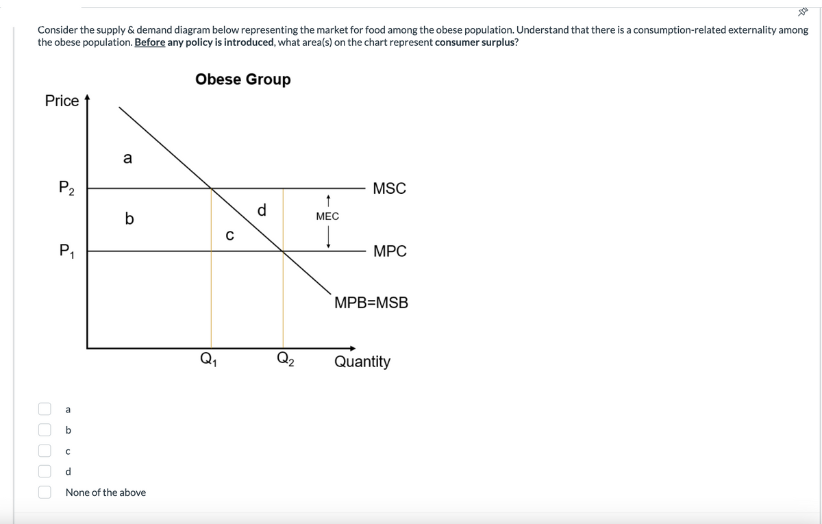 Consider the supply & demand diagram below representing the market for food among the obese population. Understand that there is a consumption-related externality among
the obese population. Before any policy is introduced, what area(s) on the chart represent consumer surplus?
DEU
Obese Group
a
MSC
K
d
MEC
b
C
MPC
MPB=MSB
Q₁
Q₂
Price
P₂
2
P₁
a
C
d
None of the above
Quantity