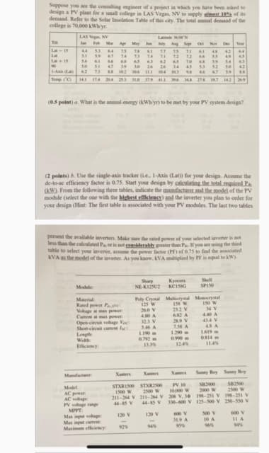 Suppose you are the consulting engineer of a project in which you have been asked to
design a PV plant for a small college in LAS Vegas, NV to supply almest 10% of its
demand. Refer to the Solar Insolation Table of this city. The total anmal demand of the
college is 70,000 kWh/yr.
LAS VNV
Ta
Mar Apr May Je
Latitude 360N
July Aug Sept Oct Nov Dec Year
L-15
La
La+15
1-Atis (La)
44 53
53 59 67
56 61 66
50 51 47
62 73
25 78
74 73
68 6.5
39 30
74
65
34
102
106
77 75 7.1 6.1 48 42
23 12
9 62
26 26
111 04 10.3
72 66 55 49
70 68
65
59 54
45 53
52 50
42
93 86
67 59
Temp (C 141 174 204 253 310
379 411 396 348 278 197 142 36.9
(0.5 point) a. What is the annual energy (kWh/yr) to be met by your PV system design?
(2 points) b. Use the single-axis tracker (ie., 1-Axis (Lat)) for your design. Assume the
de-to-ac efficiency factor is 0.75. Start your design by calculating the total required P
(kW). From the following three tables, indicate the manufacturer and the model of the PV
module (select the one with the highest efficiency) and the inverter you plan to order for
your design (Hint: The first table is associated with your PV modules. The last two tables
present the available inverters. Make sure the rated power of your selected inverter is not
less than the calculated Pa or is not considerably greater than Pa. If you are using the third
table to select your inverter, assume the power factor (PF) of 0.75 to find the associated
KVA as the model of the inverter. As you know, KVA multiplied by PF is equal to kW)
125 W
260 V
Module
Material
Rated power Paste
Voltage at max power
Sharp Куосега
NE-K125U2 KC158G
Shell
SP150
Poly Crystal Multicrystal Monocrystal
158 W
150 W
232 V
34 V
Current at mas power
4.30 A
6.82
A
4.40 A
Open-circuit voltage Voc
Short-circuit current Isc
Length
32.3 V
289
V
414 V
5.46
A
7.58 A
48 A
1.190m
1.290 m
1.619 m
0792 m
0.990 m
0814 m
Efficiency
13.3%
12.4%
11.4%
Manufacturer
Xantrex
Xant
Xantes
Model
STXR1500
STXR2500
AC power
1500 W
2500 W
10,000 W
583000
2000 W
PV 10
Sunny Boy Sunay Boy
582500
2500 W
AC voltage
211-364 V
211-364 V
208 V, 36
198-251 V
198-251 V
PV
V
voltage range
44-85 V
44-85 V
330-600 V
125-500 V
250-550 V
MPPT
Max input voltage:
120 V
120 V
600 V
500 V
600 V
31.9 A
10 A
11 A
Maximum efficiency
92%
94%
959
96%
94%