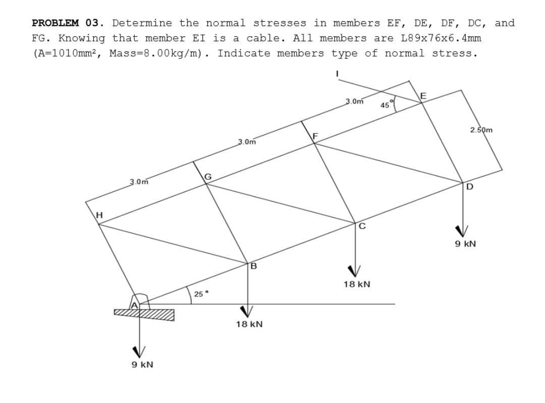 PROBLEM 03. Determine the normal stresses in members EF, DE, DF, DC, and
FG. Knowing that member EI is a cable. All members are L89x76x6.4mm
(A=1010mm2, Mass=8.00kg/m). Indicate members type of normal stress.
3.0m
E
45%
2.50m
3.0m
3.0m
9 kN
18 kN
25°
18 kN
9 kN
