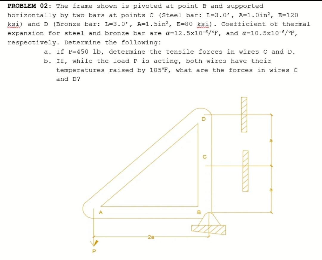 PROBLEM 02: The frame shown is pivoted at point B and supported
horizontally by two bars at points C (Steel bar: L=3.0', A=1.0in?, E=120
ksi) and D (Bronze bar: L=3.0', A=1.5in², E=80 ksi). Coefficient of thermal
expansion for steel and bronze bar are a=12.5x10-6/°F, and a=10.5x10-6/°F,
respectively. Determine the following:
a. If P=450 lb, determine the tensile forces in wires C and D.
b. If, while the load P is acting, both wires have their
temperatures raised by 185°F, what are the forces in wires C
and D?
A
2a
