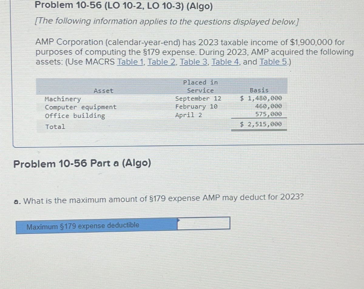 Problem 10-56 (LO 10-2, LO 10-3) (Algo)
[The following information applies to the questions displayed below.]
AMP Corporation (calendar-year-end) has 2023 taxable income of $1,900,000 for
purposes of computing the $179 expense. During 2023, AMP acquired the following
assets: (Use MACRS Table 1, Table 2, Table 3, Table 4, and Table 5.)
Asset
Machinery
Computer equipment
Office building
Placed in
Service
September 12
February 10
April 2
Basis
$ 1,480,000
460,000
575,000
Total
$ 2,515,000
Problem 10-56 Part a (Algo)
a. What is the maximum amount of $179 expense AMP may deduct for 2023?
Maximum §179 expense deductible