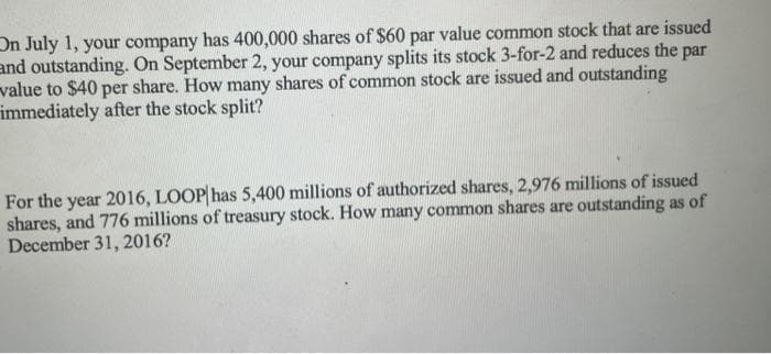 On July 1, your company has 400,000 shares of $60 par value common stock that are issued
and outstanding. On September 2, your company splits its stock 3-for-2 and reduces the par
value to $40 per share. How many shares of common stock are issued and outstanding
immediately after the stock split?
For the year 2016, LOOP has 5,400 millions of authorized shares, 2,976 millions of issued
shares, and 776 millions of treasury stock. How many common shares are outstanding as of
December 31, 2016?