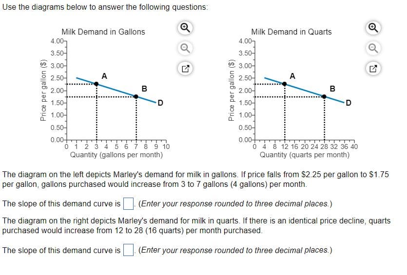Use the diagrams below to answer the following questions:
Price per gallon ($)
Milk Demand in Gallons
4.00
3.50-
3.00-
2.50-
2.00-
1.50-
1.00-
0.50-
0.001
A
B
D
0 1 2 3 4 5 6 7 8 9 10
Quantity (gallons per month)
K7
Price per gallon ($)
Milk Demand in Quarts
4.00-
3.50-
3.00-
2.50-
2.00-
1.50-
1.00-
0.50-
0.001
A
B
-D
0 4 8 12 16 20 24 28 32 36 40
Quantity (quarts per month)
N
The diagram on the left depicts Marley's demand for milk in gallons. If price falls from $2.25 per gallon to $1.75
per gallon, gallons purchased would increase from 3 to 7 gallons (4 gallons) per month.
The slope of this demand curve is
(Enter your response rounded to three decimal places.)
The diagram on the right depicts Marley's demand for milk in quarts. If there is an identical price decline, quarts
purchased would increase from 12 to 28 (16 quarts) per month purchased.
The slope of this demand curve is
(Enter your response rounded to three decimal places.)