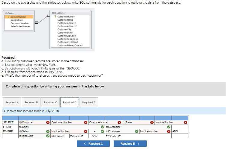 Based on the two tables and the attributes below. write SQL commands for each question to retrieve the data from the database.
tblSales
V InvoiceNumber
InvoiceDate
CustomerNumber
SalesOrderNumber
tblCustomer
Required:
a. How many customer records are stored in the database?
b. List customers who live in New York.
c. List customers with credit limits greater than $50,000.
d. List sales transactions made in July, 2018.
e. What's the number of total sales transactions made to each customer?
Required A Required B Required C
CustomerNumber
CustomerName
CustomerAddresst
CustomerAddress2
CustomerCity
CustomerState
Complete this question by entering your answers in the tabs below.
SELECT
FROM
WHERE
CustomerZipCode
CustomerTelephone
CustomerCreditLimit
CustomerPrimaryContact
tblCustomer
tblSales
tblSales
InvoiceDate
List sales transactions made in July, 2018.
Required D
CustomerNumber
✔InvoiceNumber
✔BETWEEN
Required E
# 7/1/2018#
x
CustomerName
x tblSales
✔tblCustomer
= ✔tblCustomer
AND #7/31/2018#
< Required C
* InvoiceNumber
✔InvoiceNumber
Required E >
>Ⓡ
XAND
x