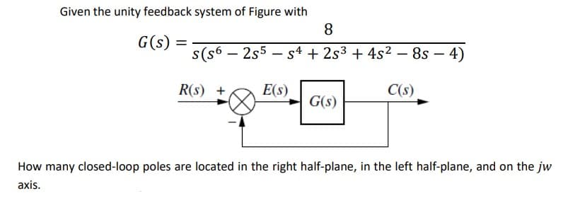 Given the unity feedback system of Figure with
G(s) =
8
s(s62s5s4 +2s³ + 4s² - 8s - 4)
C(s)
R(S) + E(S)
G(s)
How many closed-loop poles are located in the right half-plane, in the left half-plane, and on the jw
axis.