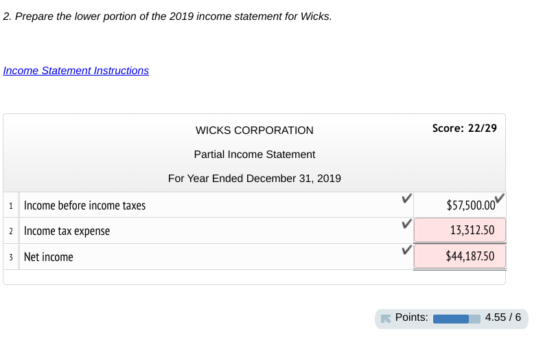 2. Prepare the lower portion of the 2019 income statement for Wicks.
Income Statement Instructions
WICKS CORPORATION
Score: 22/29
Partial Income Statement
For Year Ended December 31, 2019
1 Income before income taxes
$57,500.00
2 Income tax expense
13,312.50
3 Net income
$44,187.50
Points:
4.55 / 6
