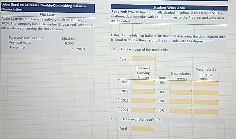 Using Excel to Calculate Double-Diminishing-Balance
Depreciation
PROBLEM
Audio Systems purchased a delivery truck on January 1,
2024. The company has a December 31 year end. Additional
information concerning the truck follows.
Purchase price of truck
Student Work Area
Required: Provide input into cells shaded in yellow in this template. Use
mathematical formulas with cell references to the Problem and work area
as indicated.
Using the diminishing-balance method and assuming the depreciation rate
is equal to double the straight-line rate, calculate the depreciation:
Residual value
Useful life
$80,000
8,000
4 years
a.
For each year of the truck's life
Rate
January 1
Carrying
Amount
Depreciation
December 31
Carrying
Rate
Expense
Amount
2021
0%
b.
2022
2023
2024
0%
0%
0%
In total over the truck's life
Total