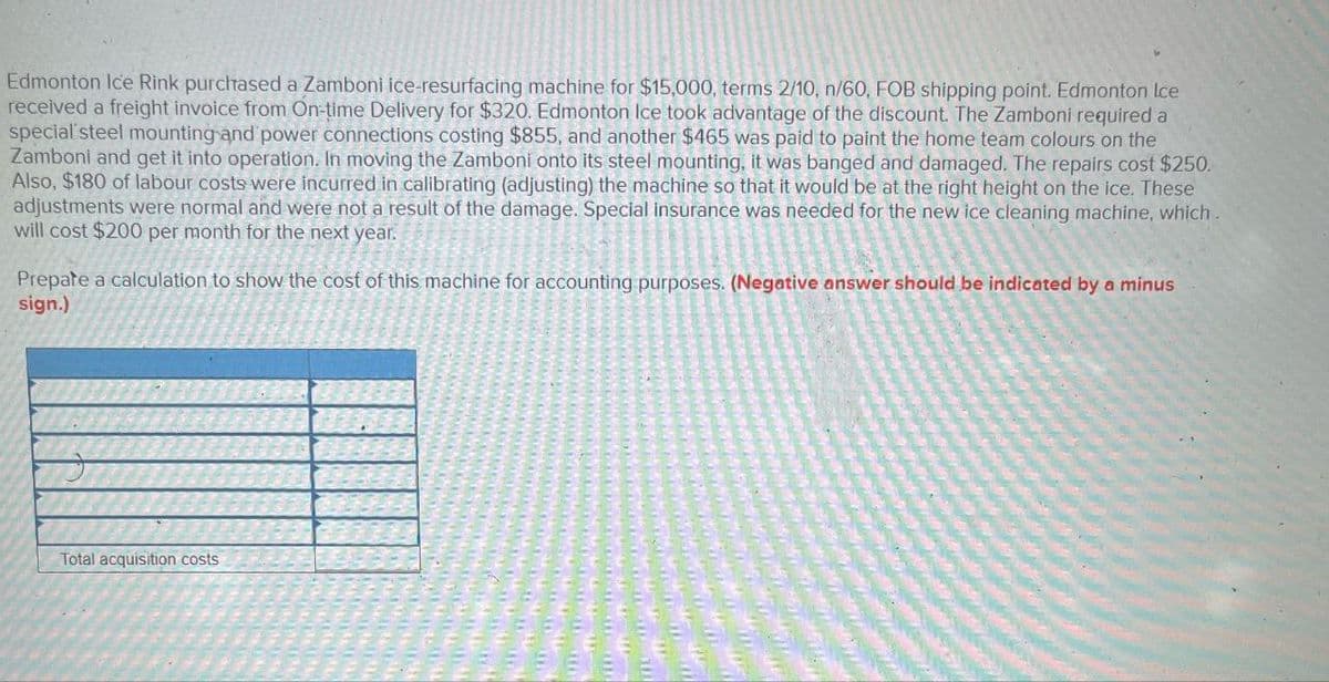 Edmonton Ice Rink purchased a Zamboni Ice-resurfacing machine for $15,000, terms 2/10, n/60, FOB shipping point. Edmonton Ice
received a freight invoice from On-time Delivery for $320. Edmonton Ice took advantage of the discount. The Zamboni required a
special' steel mounting and power connections costing $855, and another $465 was paid to paint the home team colours on the
Zamboni and get it into operation. In moving the Zamboni onto its steel mounting, it was banged and damaged. The repairs cost $250.
Also, $180 of labour costs were incurred in calibrating (adjusting) the machine so that it would be at the right height on the ice. These
adjustments were normal and were not a result of the damage. Special insurance was needed for the new ice cleaning machine, which.
will cost $200 per month for the next year.
Prepare a calculation to show the cost of this machine for accounting purposes. (Negative answer should be indicated by a minus
sign.)
Total acquisition costs