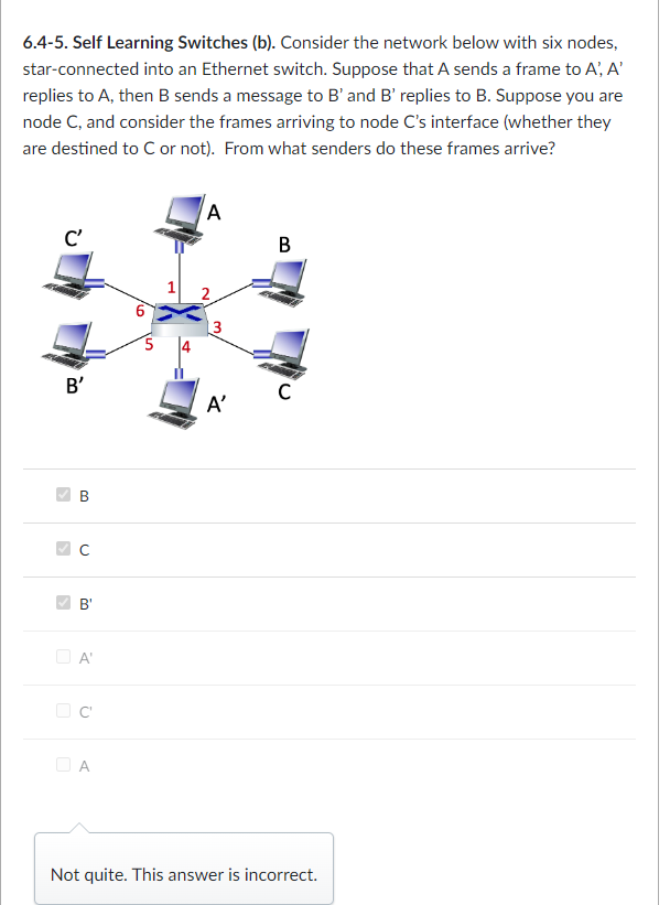 6.4-5. Self Learning Switches (b). Consider the network below with six nodes,
star-connected into an Ethernet switch. Suppose that A sends a frame to A, A'
replies to A, then B sends a message to B' and B' replies to B. Suppose you are
node C, and consider the frames arriving to node C's interface (whether they
are destined to C or not). From what senders do these frames arrive?
C'
B'
>
()
>
B
U
ینا
A'
C
A
T
A
2
3
A'
B
C
Not quite. This answer is incorrect.