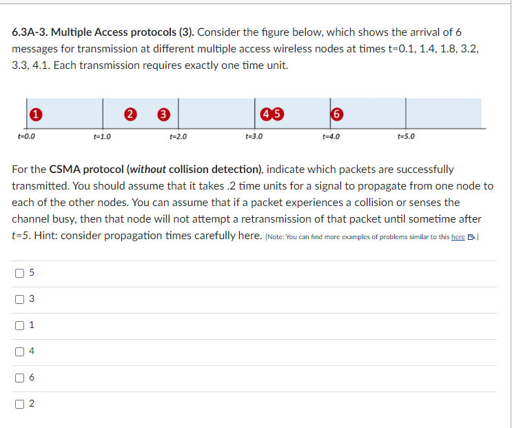 6.3A-3. Multiple Access protocols (3). Consider the figure below, which shows the arrival of 6
messages for transmission at different multiple access wireless nodes at times t=0.1, 1.4, 1.8, 3.2,
3.3, 4.1. Each transmission requires exactly one time unit.
t=0.0
L
1
[
[
5
3
1
st
For the CSMA protocol (without collision detection), indicate which packets are successfully
transmitted. You should assume that it takes .2 time units for a signal to propagate from one node to
each of the other nodes. You can assume that if a packet experiences a collision or senses the
channel busy, then that node will not attempt a retransmission of that packet until sometime after
t=5. Hint: consider propagation times carefully here. [Note: You can find more examples of problems similar to this here B.)
6
t=1.0
N
2 3
t=2.0
45
t=3.0
6
t=4.0
t=5.0