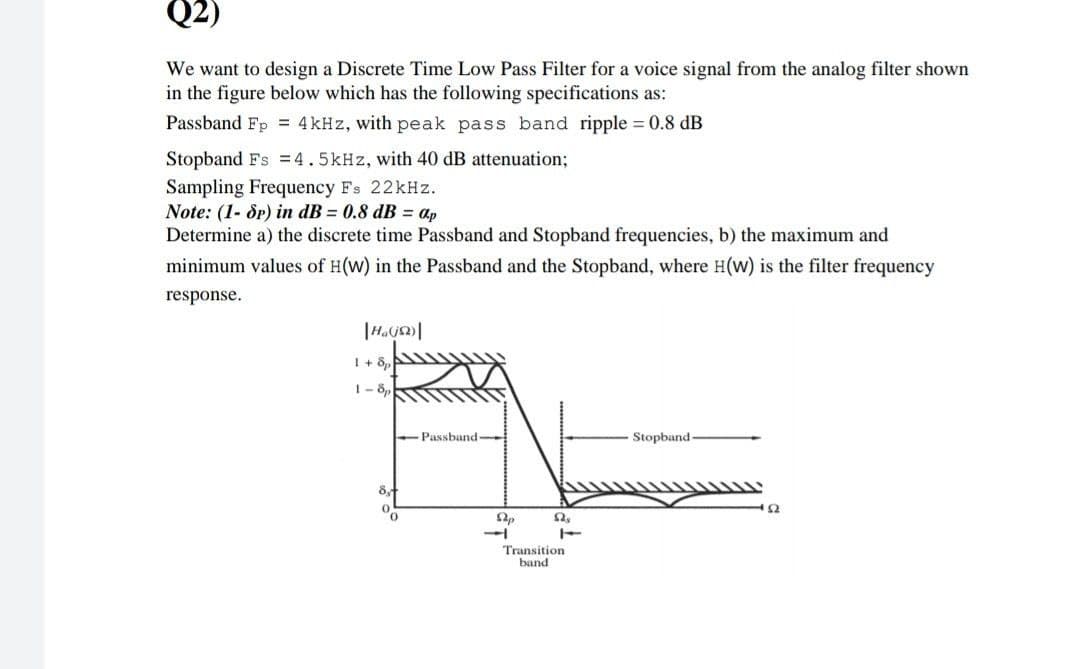 We want to design a Discrete Time Low Pass Filter for a voice signal from the analog filter shown
in the figure below which has the following specifications as:
Passband Fp = 4kHz, with peak pass band ripple 0.8 dB
Stopband Fs =4.5kHz, with 40 dB attenuation;
Sampling Frequency Fs 22kHz.
Note: (1- SP) in dB = 0.8 dB = ap
Determine a) the discrete time Passband and Stopband frequencies, b) the maximum and
minimum values of H(W) in the Passband and the Stopband, where H(w) is the filter frequency
response.
1+ 8,
1- 8,
Passband
Stopband-
Transition
band
