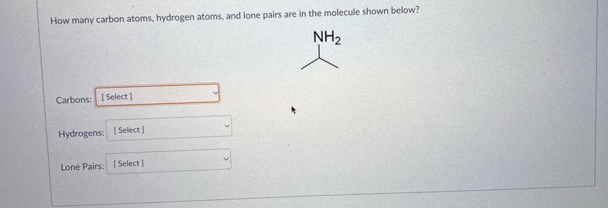 How many carbon atoms, hydrogen atoms, and lone pairs are in the molecule shown below?
NH₂
Carbons: [Select]
Hydrogens: [Select]
Lone Pairs: [Select]
