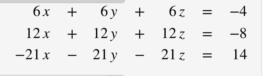 6x
6 y
6 z
-4
12 x
+ 12 y
12 z
-8-
-21 x
21 y
21 z
14
+ +
+ +
