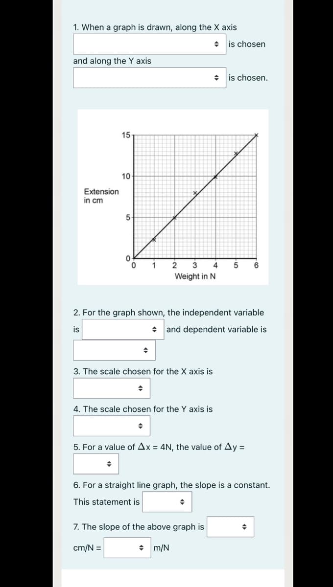 1. When a graph is drawn, along the X axis
is chosen
and along the Y axis
is chosen.
15
10
Extension
in cm
5
1
2
6
Weight in N
2. For the graph shown, the independent variable
is
and dependent variable is
3. The scale chosen for the X axis is
4. The scale chosen for the Y axis is
5. For a value of Ax = 4N, the value of Ay =
6. For a straight line graph, the slope is a constant.
This statement is
7. The slope of the above graph is
cm/N =
+ m/N
