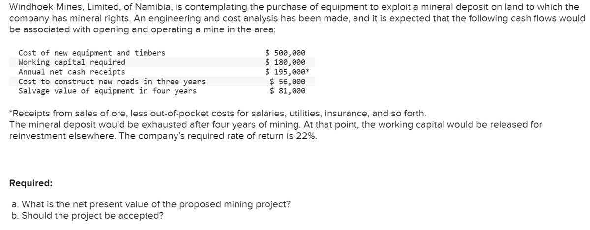 Windhoek Mines, Limited, of Namibia, is contemplating the purchase of equipment to exploit a mineral deposit on land to which the
company has mineral rights. An engineering and cost analysis has been made, and it is expected that the following cash flows would
be associated with opening and operating a mine in the area:
Cost of new equipment and timbers
Working capital required
Annual net cash receipts
Cost to construct new roads in three years
Salvage value of equipment in four years
$ 500,000
$ 180,000
$ 195,000*
$ 56,000
$ 81,000
*Receipts from sales of ore, less out-of-pocket costs for salaries, utilities, insurance, and so forth.
The mineral deposit would be exhausted after four years of mining. At that point, the working capital would be released for
reinvestment elsewhere. The company's required rate of return is 22%.
Required:
a. What is the net present value of the proposed mining project?
b. Should the project be accepted?