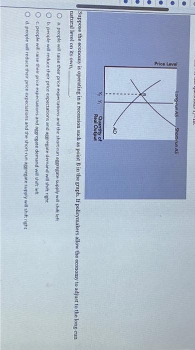 Price Level
Juous 17-18.
Long-run AS
Y₂Y₁
Short-run AS
AD
Quantity of
Real Output
Suppose the economy is operating in a recession such as point B in the graph. If policymakers allow the economy to adjust to the long-run
natural level on its
own,
a. people will raise their price expectations and the short-run aggregate supply will shift left
b. people will reduce their price expectations and aggregate demand will shift right
c. people will raise their price expectations and aggregate demand will shift left
d. people will reduce their price expectations and the short-run aggregate supply will shift right