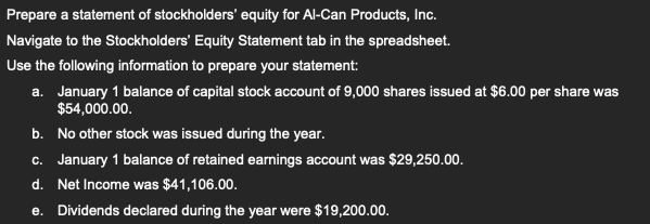 Prepare a statement of stockholders' equity for Al-Can Products, Inc.
Navigate to the Stockholders' Equity Statement tab in the spreadsheet.
Use the following information to prepare your statement:
a. January 1 balance of capital stock account of 9,000 shares issued at $6.00 per share was
$54,000.00.
b. No other stock was issued during the year.
c. January 1 balance of retained earnings account was $29,250.00.
d. Net Income was $41,106.00.
e. Dividends declared during the year were $19,200.00.