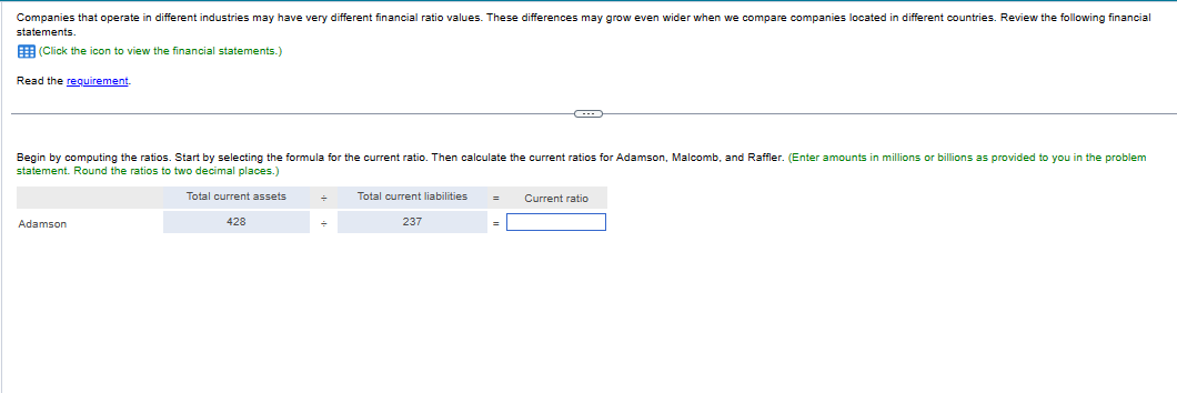 Companies that operate in different industries may have very different financial ratio values. These differences may grow even wider when we compare companies located in different countries. Review the following financial
statements.
(Click the icon to view the financial statements.)
Read the requirement.
Begin by computing the ratios. Start by selecting the formula for the current ratio. Then calculate the current ratios for Adamson, Malcomb, and Raffler. (Enter amounts in millions or billions as provided to you in the problem
statement. Round the ratios to two decimal places.)
Total current assets
Adamson
428
+
Total current liabilities = Current ratio
237
=