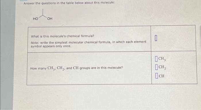 Answer the questions in the table below about this molecule:
HO
OH
What is this molecule's chemical formula?
Note: write the simplest molecular chemical formula, in which each element
symbol appears only once.
How many CH3, CH₂, and CH groups are in this molecule?
0
CH3
[сн,
CH