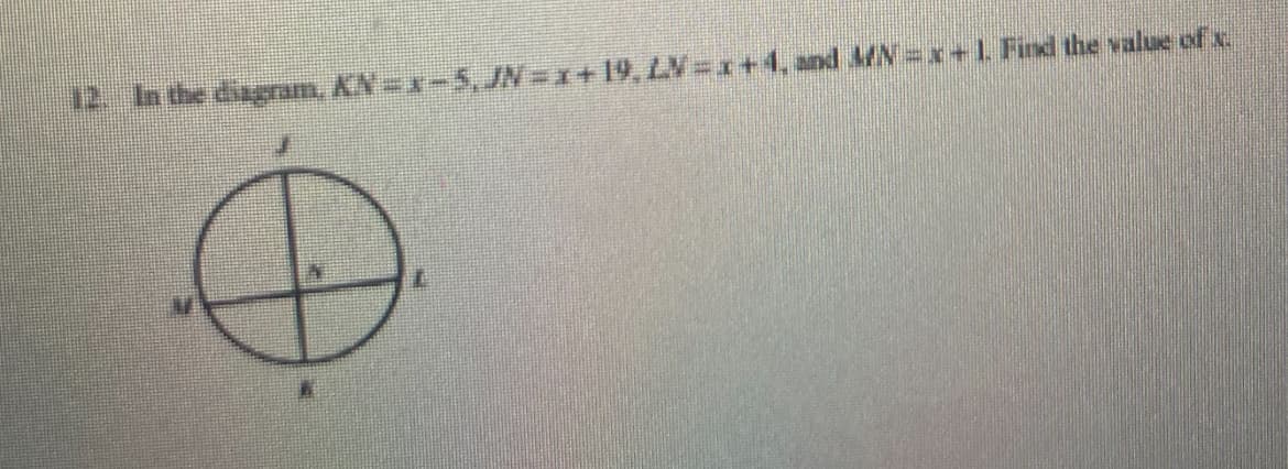 12. In the diagram, KN = x − 5, JN = x + 19, LN = x+4, and MN = x+1. Find the value of x.