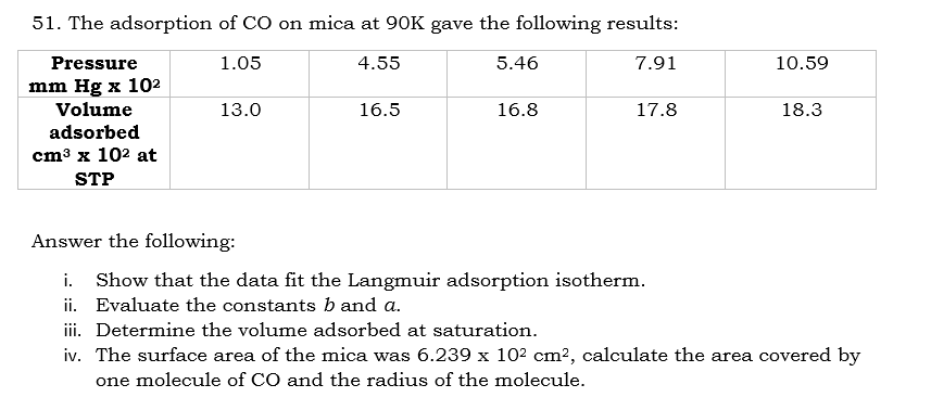51. The adsorption of CO on mica at 90K gave the following results:
Pressure
1.05
4.55
5.46
7.91
10.59
mm Hg x 10²
Volume
13.0
16.5
16.8
17.8
18.3
adsorbed
cm³ x 10² at
STP
Answer the following:
i. Show that the data fit the Langmuir adsorption isotherm.
ii. Evaluate the constants b and a.
iii. Determine the volume adsorbed at saturation.
iv. The surface area of the mica was 6.239 x 10² cm², calculate the area covered by
one molecule of CO and the radius of the molecule.