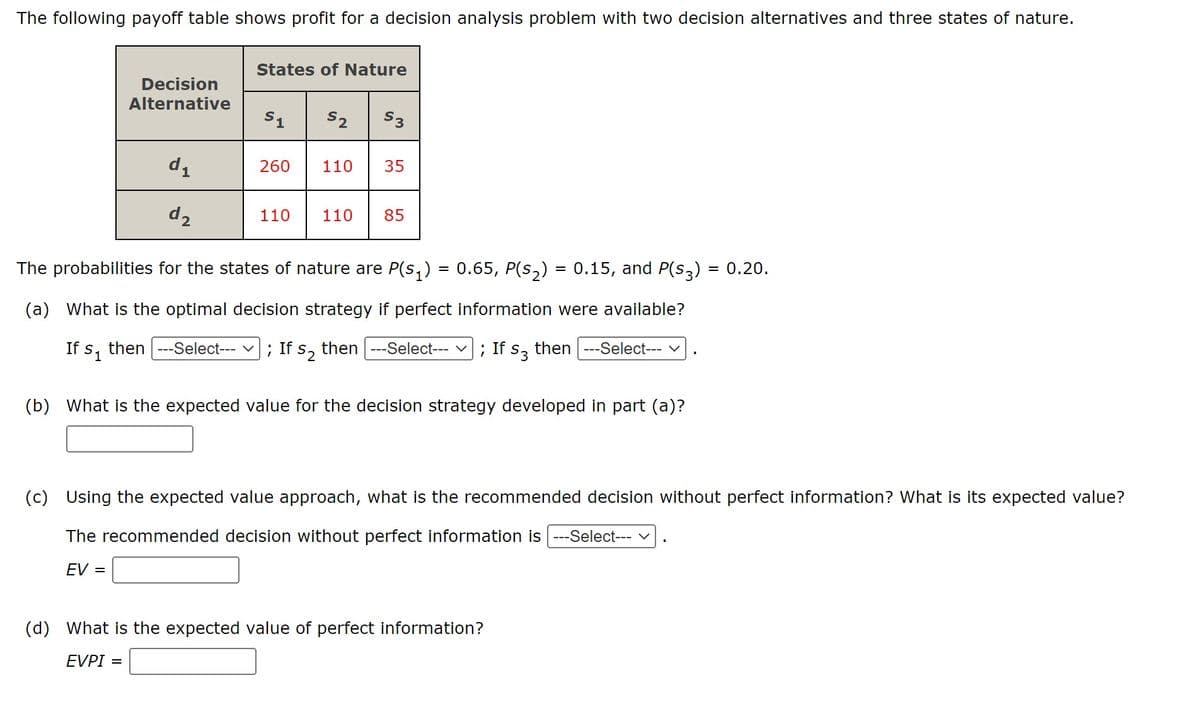 The following payoff table shows profit for a decision analysis problem with two decision alternatives and three states of nature.
Decision
Alternative
d₁
d₂
States of Nature
S1 S2 S3
260 110 35
110 110 85
If S1
then ---Select--- ✓ ; If s₂ then ---Select--- ✓ ; If S3 then ---Select---
The probabilities for the states of nature are P(s₁) = 0.65, P(s₂) = 0.15, and P(S3) = 0.20.
(a) What is the optimal decision strategy if perfect information were available?
(b) What is the expected value for the decision strategy developed in part (a)?
(c) Using the expected value approach, what is the recommended decision without perfect information? What is its expected value?
The recommended decision without perfect information is |---Select---
EV =
(d) What is the expected value of perfect information?
EVPI =
