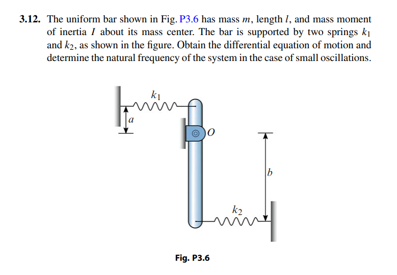3.12. The uniform bar shown in Fig. P3.6 has mass m, length I, and mass moment
of inertia I about its mass center. The bar is supported by two springs k1
and k2, as shown in the figure. Obtain the differential equation of motion and
determine the natural frequency of the system in the case of small oscillations.
k1
k2
Fig. P3.6
